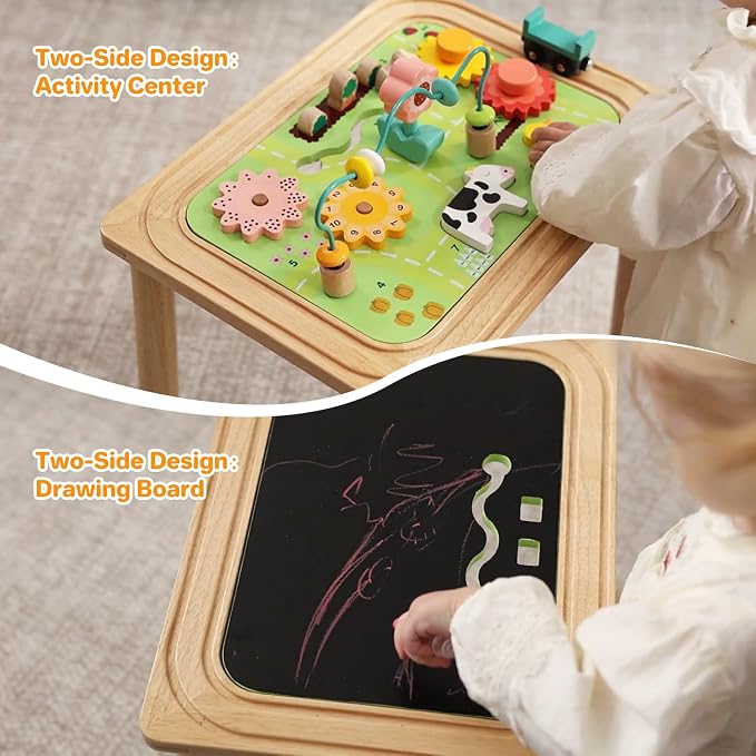 3-in-1 Baby Activity Table for 18-36 Months Old Kids Wooden Activity Center Sensory Play Table for Toddlers with Bead Maze Shape Sorter Montessori Toys Sand Table Must Have Birthday Gift for Girls Boy