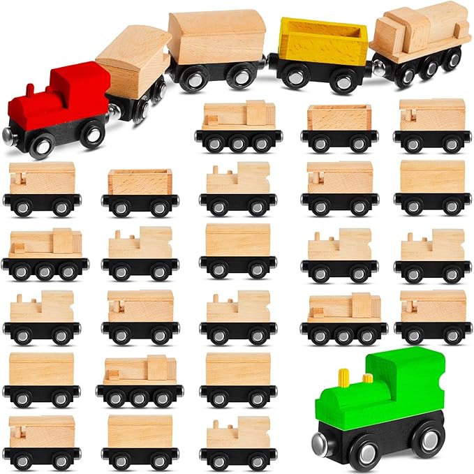 Halloscume 30 Pcs Unfinished Magnetic Wooden Train Cars 5 Styles DIY Unpainted Wood Trains for Paint Crafts Project & Summer Camp, Birthday Party Favors Decorations (Retro)