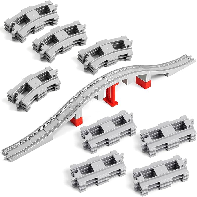 MANNIDOO 34 Pieces Train Bridge Tracks, Classic Railway Track with 12 Curved Tracks, 12 Straight and Bridge Tracks - Compatible with All Major Brands, Toy Track Accessory for Kid, Light Grey