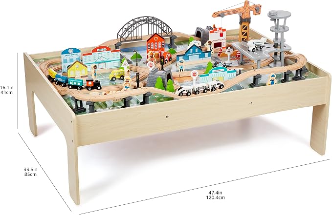 Amazon Basics 120 Piece Wooden Train Set with Activity Table, Sturdy Tracks, Storage Bin, Easy to Assemble, Kids Gift for Age 3Y+, 47.44 x 33.46 x 16.14 in
