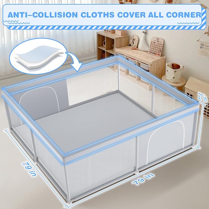 XVISHX Baby Playpen, 79 x 79 Inch Play Pen, Playpen for Babies and Toddlers, Baby Playard for Indoor & Outdoor Active Center Game Fence, with Skin-Friendly Fabric and Soft Breathable Mesh Grey