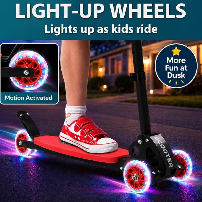 Kids Kick Scooter for 3-12,Lean-to-Steer 3 Wheel Scooter for Beginners with Light-Up Wheels,3 Adjustable Handlebar 27.5"–33",6-Inch Wide Deck,Rear Foot Brake,Foldable Scooter for Boys & Girls