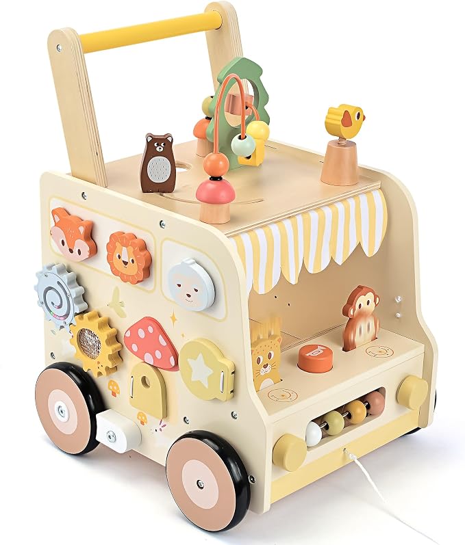 Pithfor Wooden Activity Cube Push Walker, Wooden Baby Walker, Montessori Toys for Babies 10-12 Months 1 2 3 Years Old Boys & Girls, Help Learning to Walk & Sit-to-Stand