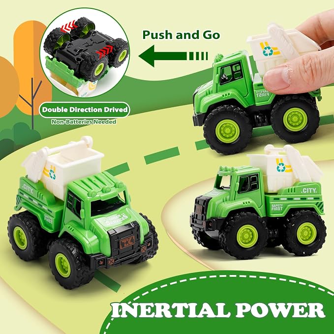 4 Pack Friction Powered Garbage Truck Toys, Push and Go Sanitation & Recycling Vehicle Set with Realistic Details, Eco-Friendly Trash Trucks for Toddlers 1-5, Gift for Boys Girls
