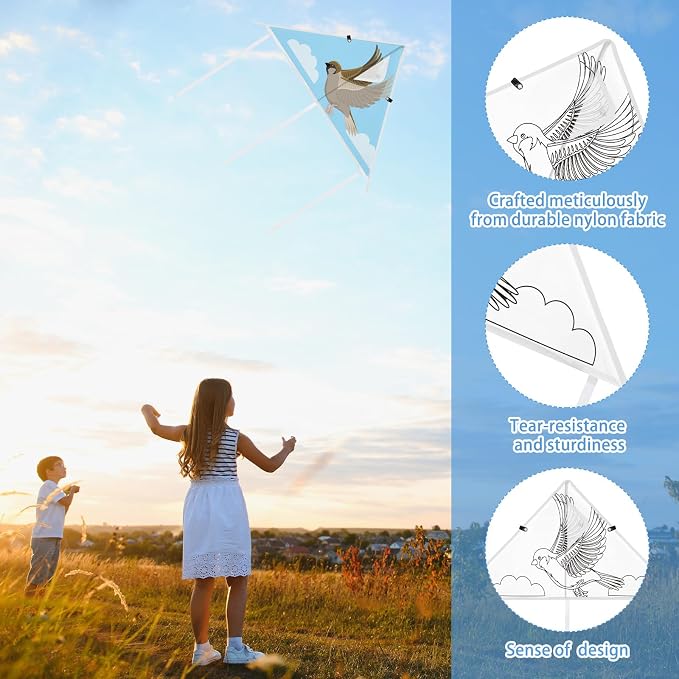 Syhood 60 Pcs DIY Coloring Kites Kit for Kids Pre-Printed Cartoon Animal Kites Summer Decorating Making Kit with Watercolor Pens and Strings Handles for Outdoor Game and Activities