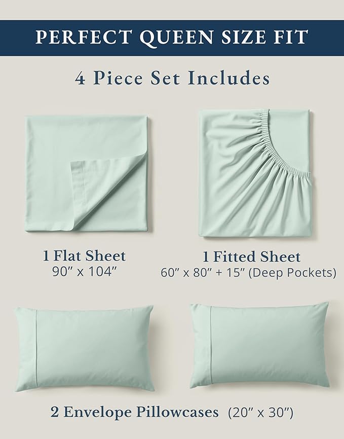 LANE LINEN Queen Sheet Set 100% Organic Cotton Cooling Soft 4pc - Cool Blue | Pure Long-Staple Organic Cotton Queen Sheet Set - Easy-Care Machine Washable, Breathable For Year-Round Sleep