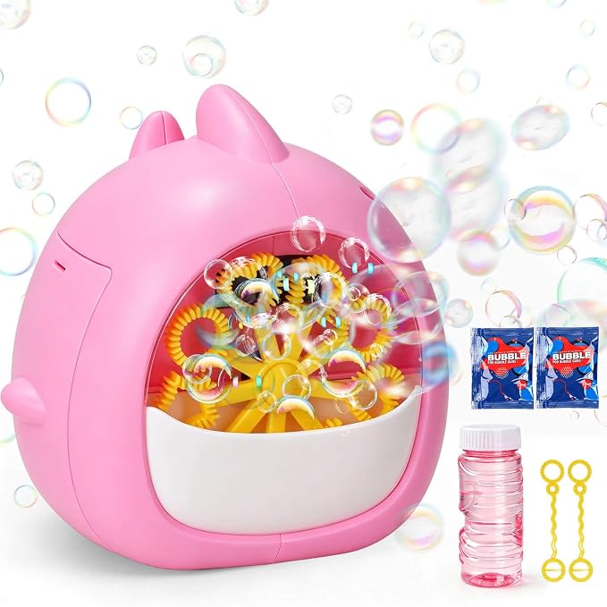 JONEG Bubble Machine Toys for Kids 3-8 Years Old - Bubble Blower Maker with Solutions, Outdoor Toy, Birthday Gift for 3 4 5 6 7 8 Year Old Girls Boys Toddlers