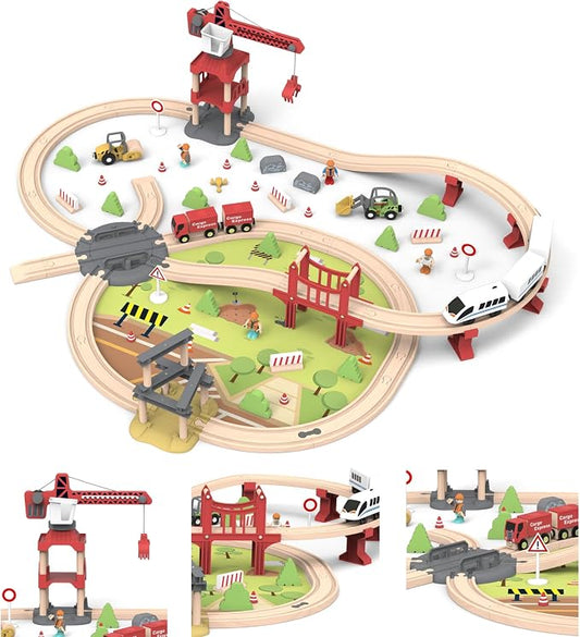 104 Pcs Wooden Train Set for Toddlers, Magnetic Trains with Track for Kids Ages 3-6, Compatiable with Major Brands, Construction Railway Playset Gifts for Boys and Girls Ages 3+