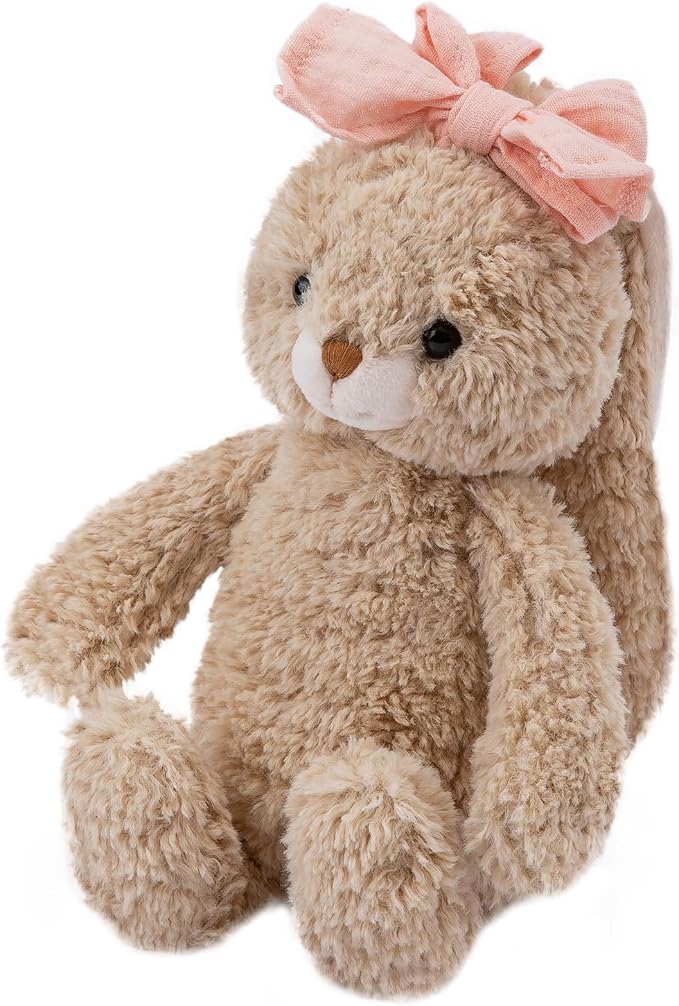 Bunny Stuffed Animal Soft Rabbit Cuddly Toy 8'' Long - Eared Brown Plush Bunny with Pink Bow Plush Toys for Babies and Toddlers