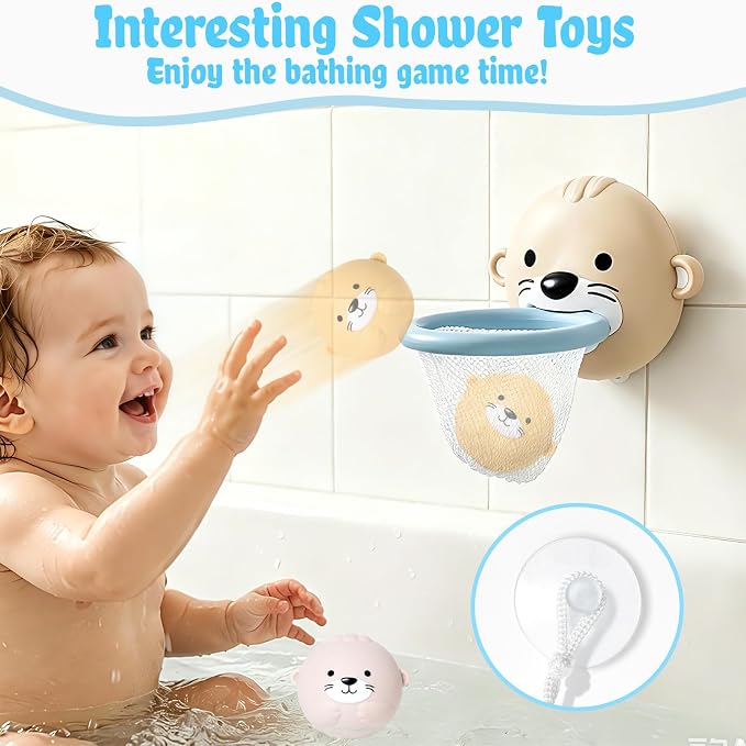 Otter Bath Toy for Toddlers 1-3, 12pcs No-Hole Bath Toys for Kids Interactive Basketball Hoop, Squeeze Animal Balls, Floating Boats, Fishing Net and Storage Bag Bathtub Pool Water Toys for Boys Girls