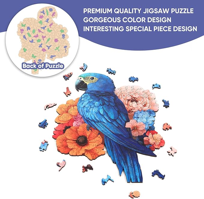 Mys Aurora Wooden Puzzles for Adults, Blue Parrot Couple Jigsaw Puzzles 500 Pieces, 16.6 x 16.5 Inch, Royal, Unique Shaped Round Blue Parrot Puzzles for Adults and Kids, Family Game