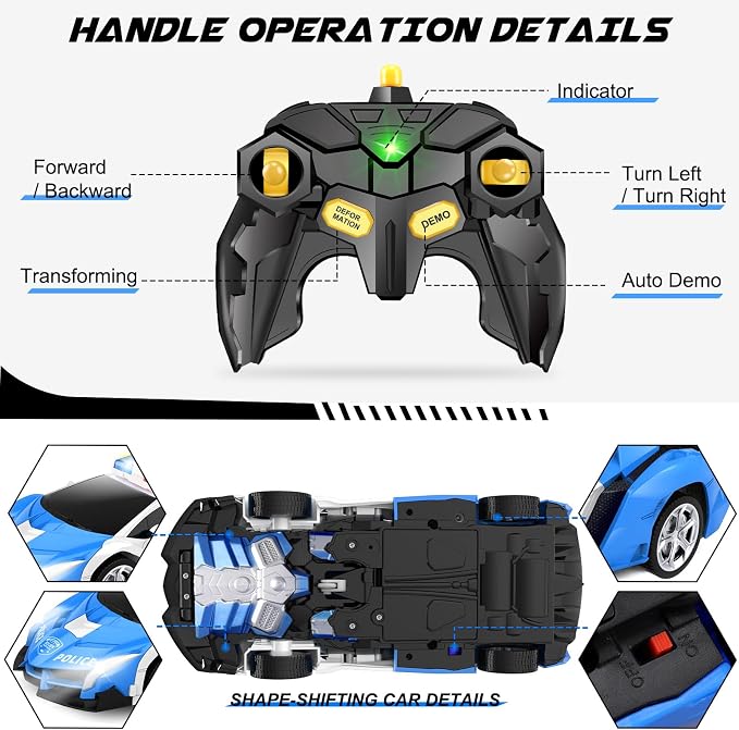 Dolanus Remote Control Police Car - RC Car Transform Robot, Flashing Light, 2.4Ghz, 360 Degree Rotating, Toys for Ages 5-7, Kids Toys, Birthday Gifts for 3 4 5 6 7 8 10 12 Years Old Boy (Blue)