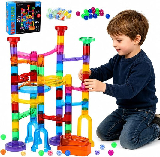 EagleStone 79PCS Transparent Marble Run STEM Maze Building Toy Play Set | 49 Track Pieces With Glow-In-The-Dark Glass Marbles, Building Toy For Kids Ages 3-12, Educational Gift For Boys And Girls
