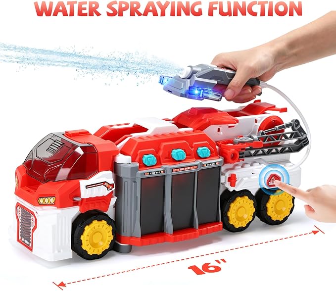 CUTE STONE Extra Large Fire Truck with Sprinkler Pump, Ladder, Lights & Sounds, Firefighter Fireman Engine Truck Car Toy, Birthday Gifts for Grandkids