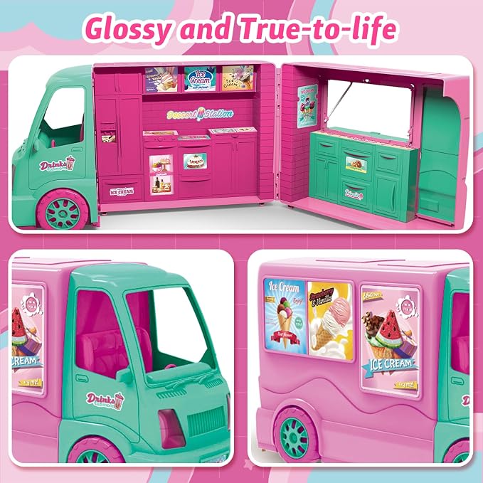 Dollhouse Ice Cream Truck Playset for Girls - Kids Kitchen Pretend Play Food Dessert Truck Toy with Doll, Table, Chairs & Accessories - Birthday Gift for 3 4 5 6 7 8 Year Old Toddler Children