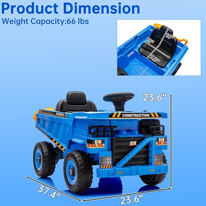 12V Ride On Dump Truck Kids Ride On Car for Kids, Battery Powered Electric Car with Remote Control, Electric Dump Bed, Wear-Resistant Tires, 4 Wheels Tractor Ride On Toys, Blue