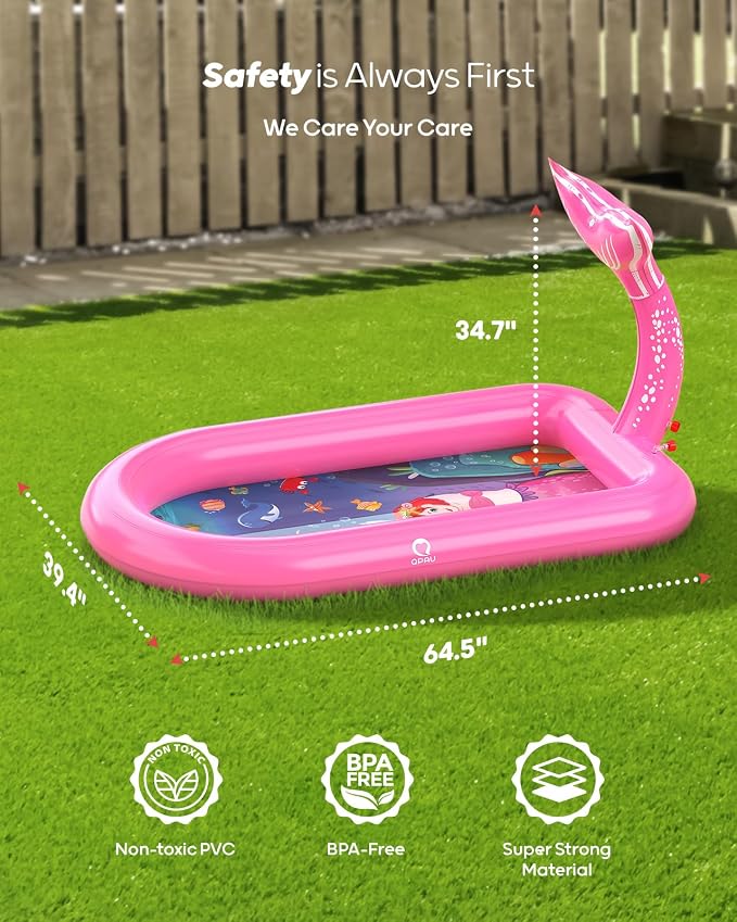 QPAU Splash Pads for Toddlers 1-3, Pink Mermaid Toy Splash Pad for Kids, Outdoor Play Mat for Babies, Inflatable Pool for Birthday Girl Gifts 1 Year Old Girl
