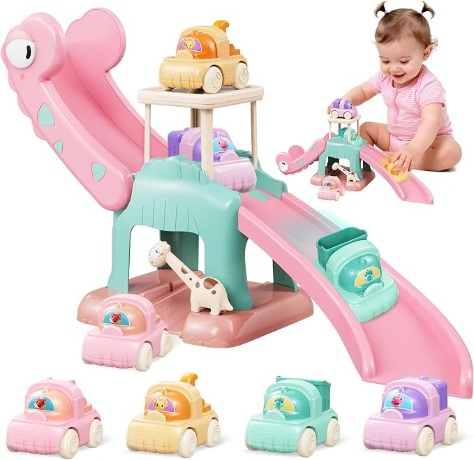 Dinosaur Car Ramp Slide Toy for Toddlers — 4 Push Cars with Race Track, Baby Slide Indoor Toy, Montessori Learning Birthday Gift for Boys Girls 1 2 3 Year Old (Pink)