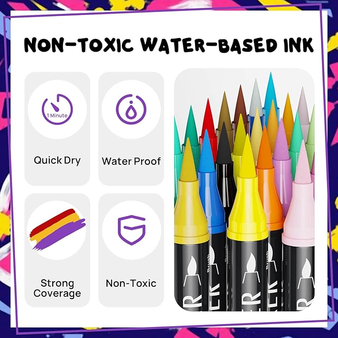 48 Colors Dual Tip Acrylic Paint Markers,Fine Tip and Brush Tip Permanent Acrylic Paint Pens For Rock Painting, Canvas, Wood, Glass, Ceramic, Fabric, Plastic, Egg, Scrapbook,Art Painting Supplies Kit