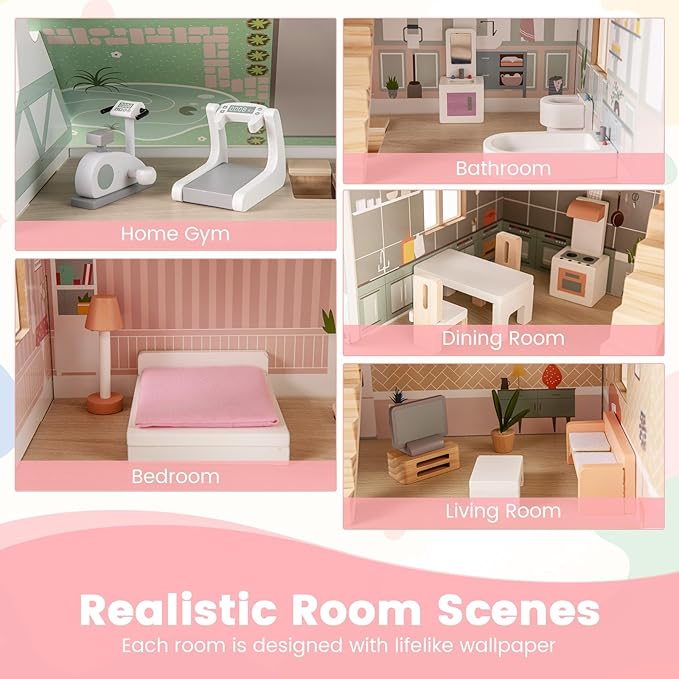HONEY JOY Doll House, 3-Story Wooden Dollhouse Playset w/Double-Sided Roofs, 5 Rooms, 19 Accessories & Miniature Furniture, Pretend Play Toddler Big Doll House, Gift for Kids Aged 3+ (Pink, 2.2 FT)