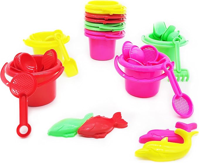 The Dreidel Company 12-Pack Mini Beach Day Playsets 3.25" Sand Bucket Play Set Box Includes, Pail, Shovel, Rake, Sifter Scoop, Dolphin Fish Sand Trays Toy for Boys and Girls Birthday Party Favor