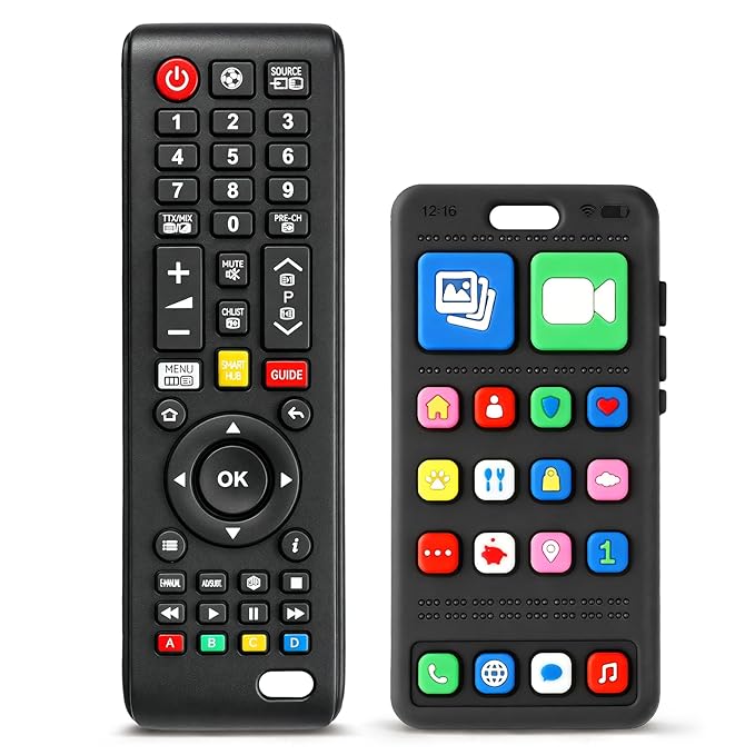2 Pack Baby Teething Toys 3-6 6-12 Months, BPA Free Silicone Phone and TV Remote Teether Toys for Baby 12-18 Months, Baby Chew Toys for Teething Relief, Newborn Shower Gifts for Boys Girls