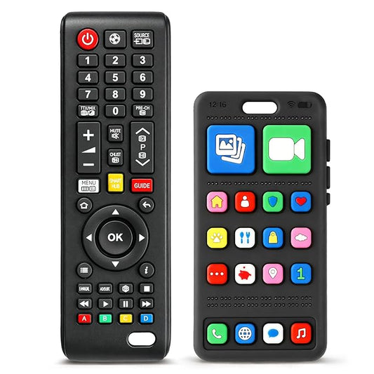 2 Pack Baby Teething Toys 3-6 6-12 Months, BPA Free Silicone Phone and TV Remote Teether Toys for Baby 12-18 Months, Baby Chew Toys for Teething Relief, Newborn Shower Gifts for Boys Girls