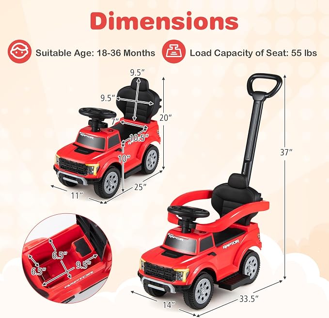 Costzon Ride On Push Car for Toddlers, 3-in-1 Ford Licensed Sliding Car w/Handle, Guardrail, Horn, Engine Sound, LED Lights, Under Seat Storage, Foot-to-Floor Kids Ride On Toys for Boys Girls (Red)