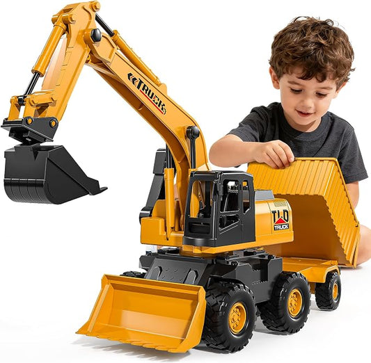 KukuFun 3-in-1 Truck Toys for Boys 3-5 Year Old, Construction Sandbox Toy with Excavator Dump Bulldozer，Indoor/Outdoor Sand Toys for Kids Toddlers Girls Age 3-8，Birthday Gifts
