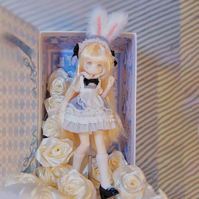 BJD Dolls 1/8 BJD Doll 9" Ball Jointed Doll Dress Up Dolls Collectible Figures Collection Gift for Party Birthday Ages 15 and Up PVC & ABS Costume Included Collectible Figure, Bunny Tea Party