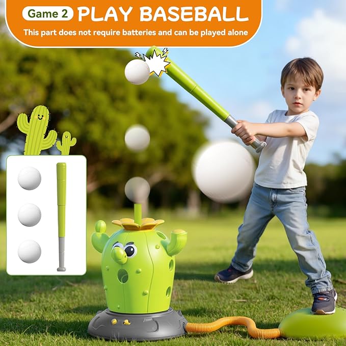 Rocket Launcher Toy Set for Kids Ages 3-8, 4-in-1 Cactus Outdoor Play Set with Ring Toss, Baseball & Skip It – Outdoor Backyard Sports Toys for Boys and Girls, Educational Active Play Gift
