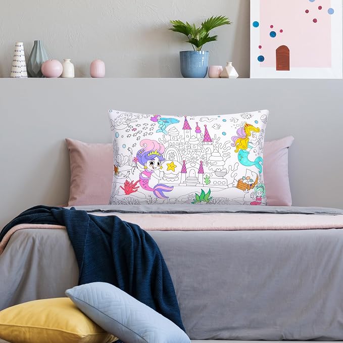 Mindsoft Coloring Craft Coloring Pillowcase Mermaid Pillowcase with 12 Pcs Markers Pens for Decoration Supplies Craft, 28.7 x 19.7 Inch