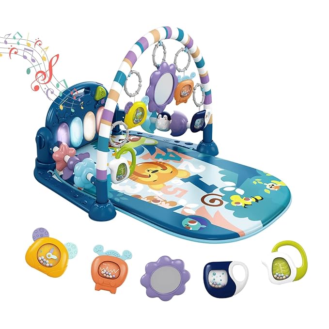 dearlomum Baby Play Mat Gym, Funny Play Piano Tummy Time Activity Mat with 5 Infant Sensory Toys, Music and Lights, Boy & Girl Gifts for Newborns 0 to 3 6 9 12 Months (Blue)