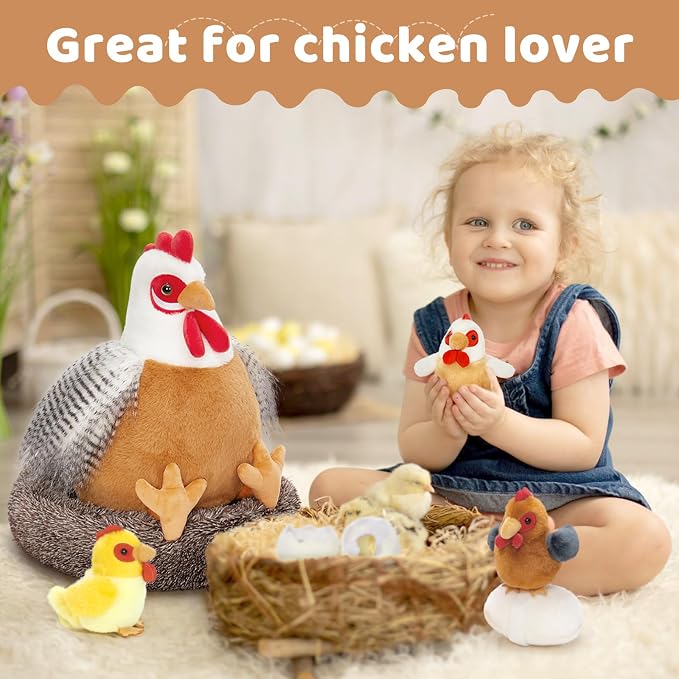 MaoGoLan 8Pcs Chicken Stuffed Animals, Stuffed Laying Hen Chicken Plush Toys with 3 Babies Chickens and 3 Eggs,1 Nest House Plush Set, Cute and Soft Farm Stuffed Animals Gift for Kids,Girls,Boys,White