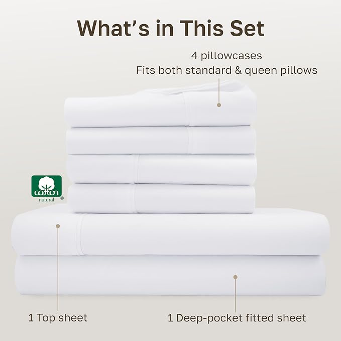 California Design Den 6 Pc Queen Size Sheet Set with 4 Pillowcases - Soft 400 Thread Count 100% Cotton Sheets, Sateen, Deep Pockets with All Around Elastic, Durable Bedding Set - White