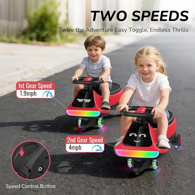 Umatoll 12V Electric Wiggle Car for Kids with Pedal, Display, Rechargeable Battery, LED Light, Bluetooth, Light-Up Wheels, Anti-Rollover, 2 Speeds, Ride on Toys, Birthday Gifts for Age 3+, 150Lbs