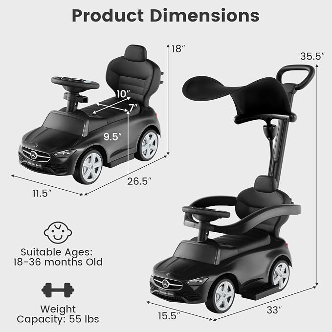 OLAKIDS Push Car for Toddlers, 3 in 1 Licensed Mercedes Benz Baby Sliding Walking with Parent Control Handle Adjustable Canopy Guardrail Under Seat Storage, Kids Ride on Toys with Horn (Dark)