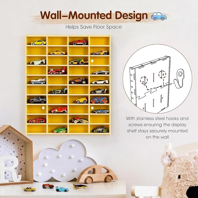 Krafetto Toy Car Display Shelf, Holds 40 Diecast 1/64 Toys Car, Wall Mount Model Cars Storage Organize Case (Yellow 1/64 Toy Car Display Shelf)
