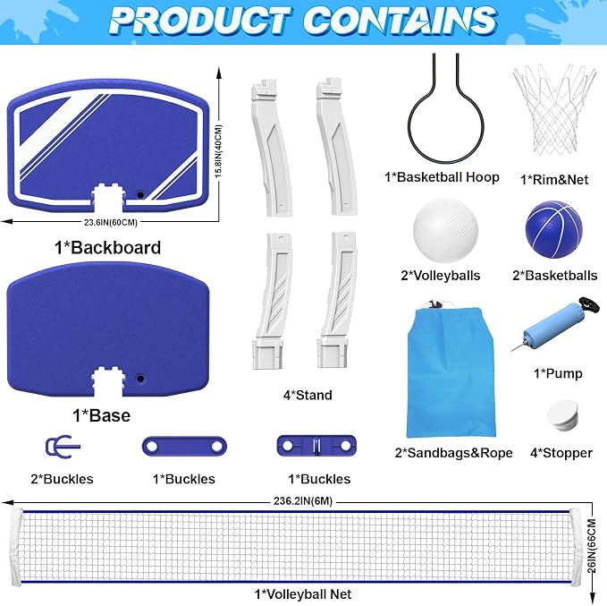 Pool Volleyball Net&Pool Basketball Hoop 2 in 1,Pool Toys Basketball Game with Weighted Base&Stand,2 Water Volleyball&2 Basketball and Pump,Summer Outdoor Family Party Pool Games for Kids Adults