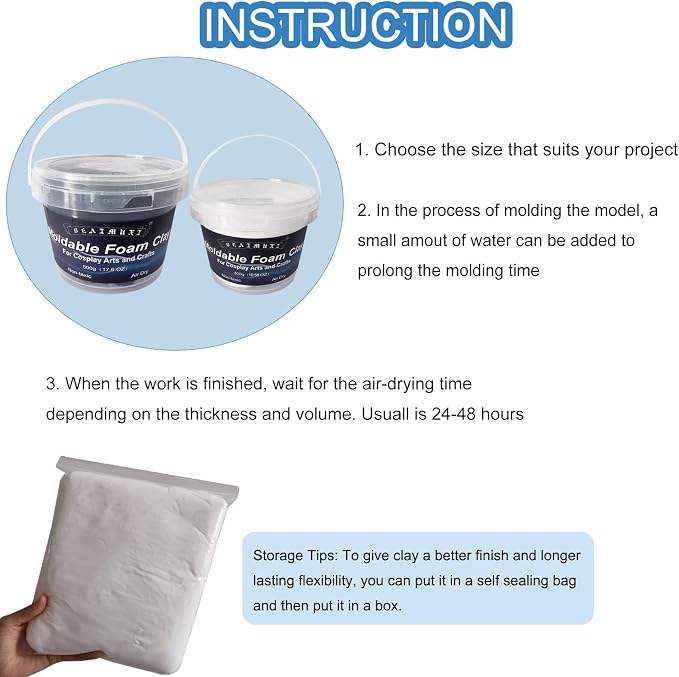 Foam Clay Cosplay Moldable Air Dry Foam Clay Craft 500g White Lightweight Sculpting Foam for Costumes Sanding Cosplay (500g, White)