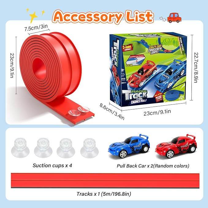 KETIEE Flex Tracks 16 Ft for Kids, Flexible Race Car Ramp Track with 2 Small Racecars and 4 Suction Cups Compatible with Diecast 1/64th Cars,Rolls Up Portable Racetrack for Ages 3 & Up