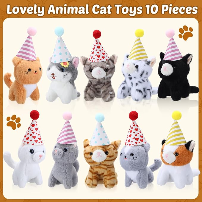 10 Set Kittens Stuffed Animals Bulk with 10 Birthday Hats 10 Kraft Paper Boxes Mini Plush Toys Small Stuffed Cat Pet Gifts for Kids, School Birthday Animal Decor(Cute Style)
