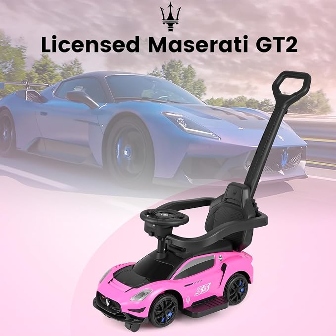 OLAKIDS Push Car for Toddlers, Licensed Maserati 3 in 1 Baby Ride on Sliding with Parent Control Handle, Universal Wheels Safe Guardrails Under Seat Storage, Kids Walking Toy with Music Horn (Pink)
