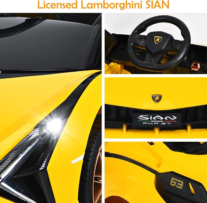 OLAKIDS Kids 12V Licensed Lamborghini SIAN Ride On Car, Electric Vehicle for Toddler with Control Remote, Battery Powered Toy with Music, 2 Speeds, Suspension, LED Lights, Bluetooth (Yellow)