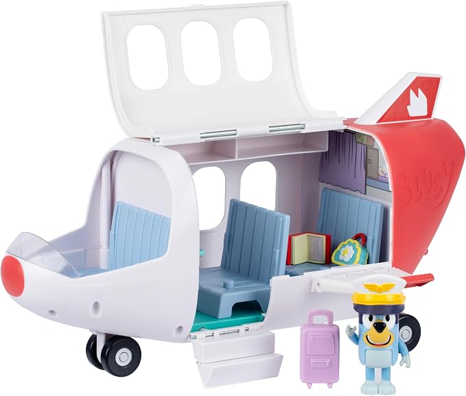 Bluey Adventure Plane, Airplane Toys, Pilot Figure and Accessories | Open side with fold-down stairs, family seating, and luggage storage in this airplanes for kids playset