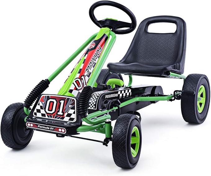 Costzon Go Kart for Kids, 4 Wheel Off-Road Pedal Go Cart w/Adjustable Seat, 2 Safety Brakes, EVA Rubber Tires, Ride-On Toys for Boys Girls, Outdoor Racer Pedal Car (Green, 40" L x 24''W x 24.5''H)