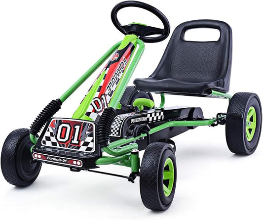 Costzon Go Kart for Kids, 4 Wheel Off-Road Pedal Go Cart w/Adjustable Seat, 2 Safety Brakes, EVA Rubber Tires, Ride-On Toys for Boys Girls, Outdoor Racer Pedal Car (Green, 40" L x 24''W x 24.5''H)
