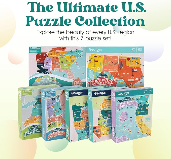Geotoys USA Regional Jigsaw Puzzle Bundle - Set of 7 Jigsaw Puzzles for Kids Ages 8-12 - 250 Piece Puzzles for Kids Featuring New England, Midwest, Pacific & More – Regional US Map Puzzle with Flags