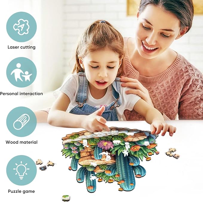 Delobil Succulent Cactus Wooden Puzzles for Adults, 200 Pieces Jigsaw Puzzles, Unique Shaped Medium Size Liberty Wood Puzzle Gift for Adults and Kids, Family Game 11.2'' x 10.8''