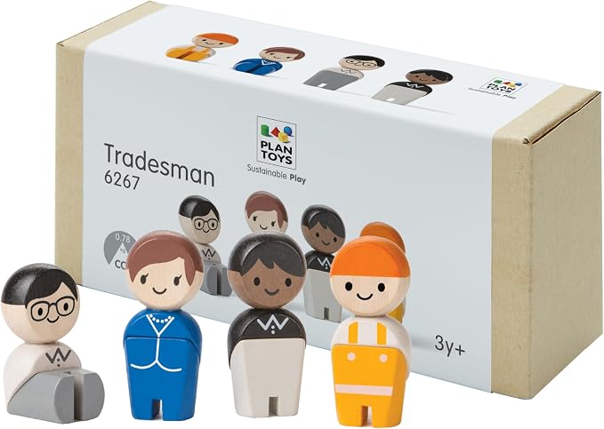 PlanToys® Wooden Dollhouse Tradesman Figure Set | 4 Poseable 1:12 Scale Dollhouse People | Montessori Career and Role Play Figurines | Eco Friendly Sustainable Wooden Toy